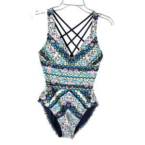 Kona Sol One Piece Bathing Suit Size Small Blue and Pink Floral Strappy Back